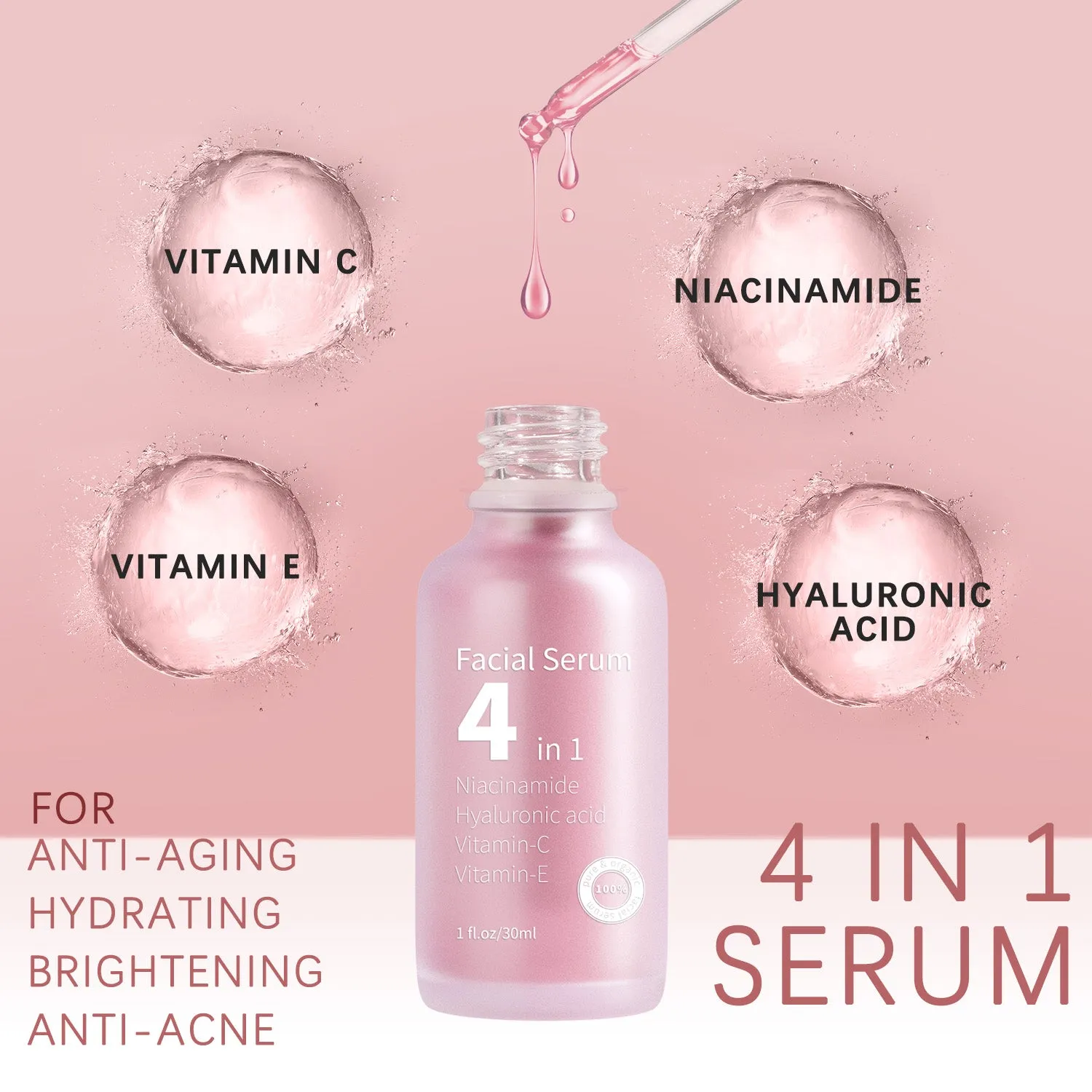 ✨ 4-in-1 Face Serum with 30% Vitamin C, Hyaluronic Acid & Niacinamide – Anti-Aging, Hydrating & Brightening