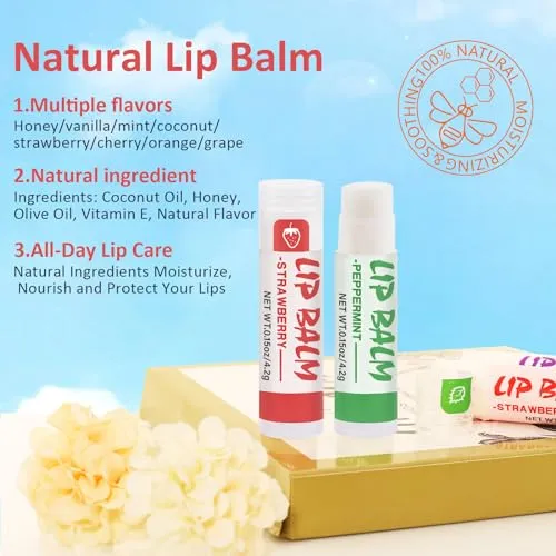 24 Pack Lip Balm, Natural Lip Balm Bulk with Vitamin E and Coconut Oil, Moisturizing Soothing Chapped Lips-8 Flavors