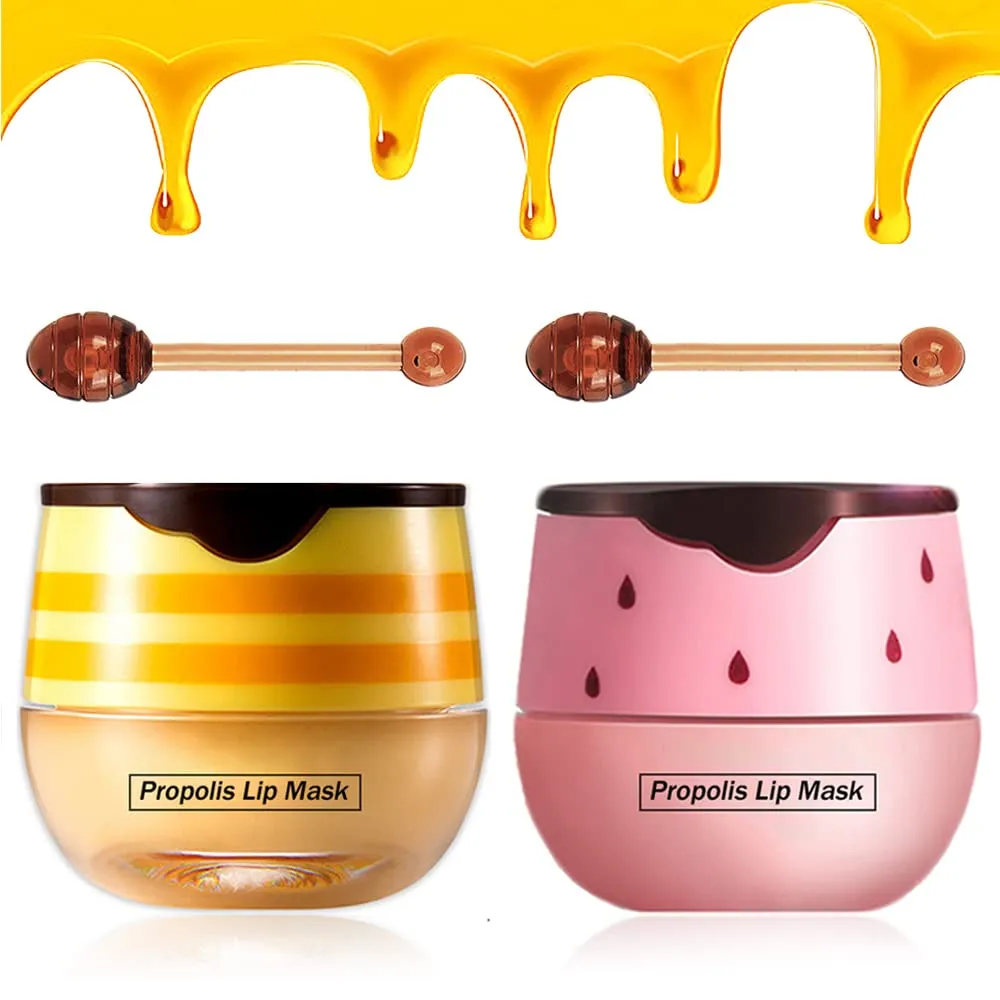 2PCS Balm Lip Balm Honey Pot & Strawberry Sleeping Lip Mask, Propolis Moisturizing Honey Lip Mask Lip Balm, Hydrating & Prevention Dry and Cracked Lip Scrubs Exfoliator, Winter Lip Care Products