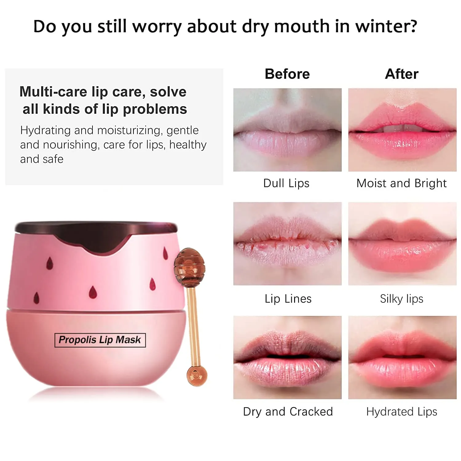 2PCS Balm Lip Balm Honey Pot & Strawberry Sleeping Lip Mask, Propolis Moisturizing Honey Lip Mask Lip Balm, Hydrating & Prevention Dry and Cracked Lip Scrubs Exfoliator, Winter Lip Care Products