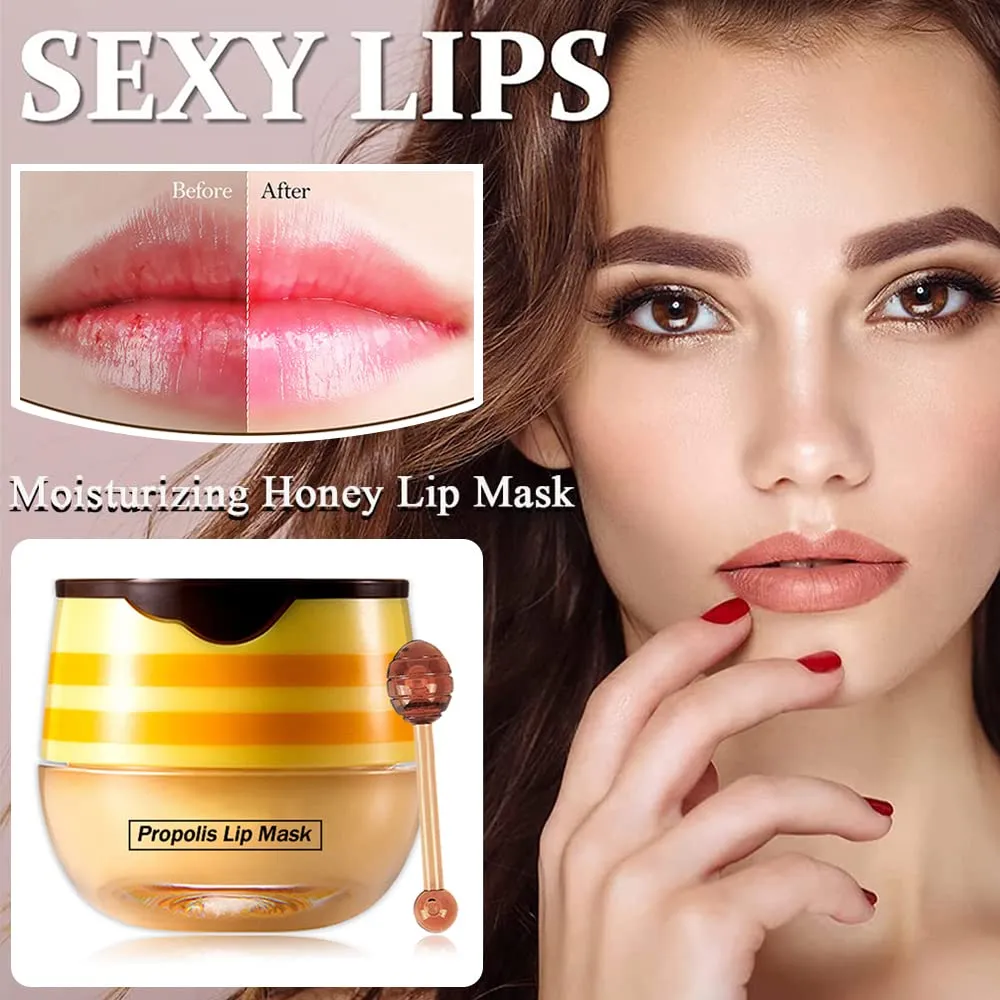 2PCS Balm Lip Balm Honey Pot & Strawberry Sleeping Lip Mask, Propolis Moisturizing Honey Lip Mask Lip Balm, Hydrating & Prevention Dry and Cracked Lip Scrubs Exfoliator, Winter Lip Care Products