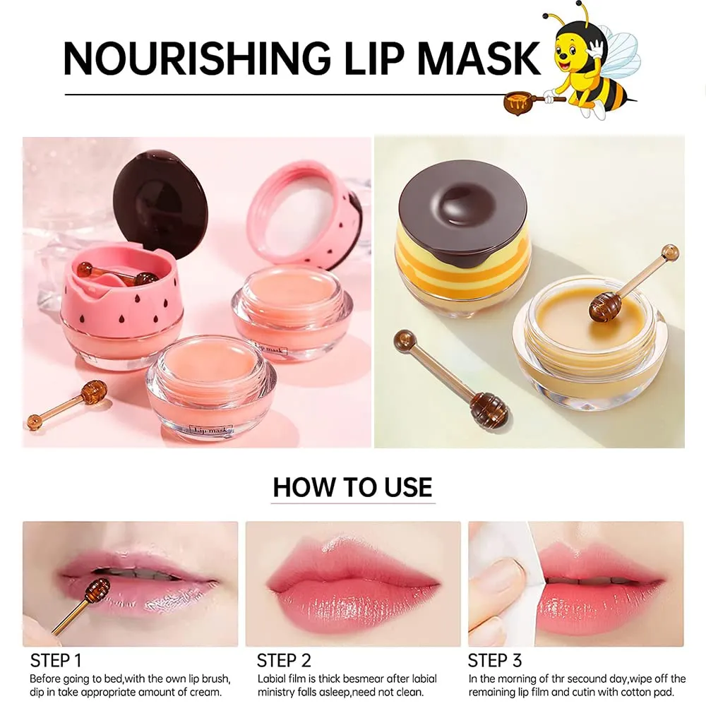 2PCS Balm Lip Balm Honey Pot & Strawberry Sleeping Lip Mask, Propolis Moisturizing Honey Lip Mask Lip Balm, Hydrating & Prevention Dry and Cracked Lip Scrubs Exfoliator, Winter Lip Care Products