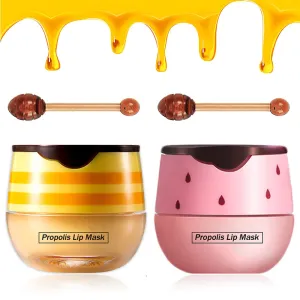 2PCS Balm Lip Balm Honey Pot & Strawberry Sleeping Lip Mask, Propolis Moisturizing Honey Lip Mask Lip Balm, Hydrating & Prevention Dry and Cracked Lip Scrubs Exfoliator, Winter Lip Care Products