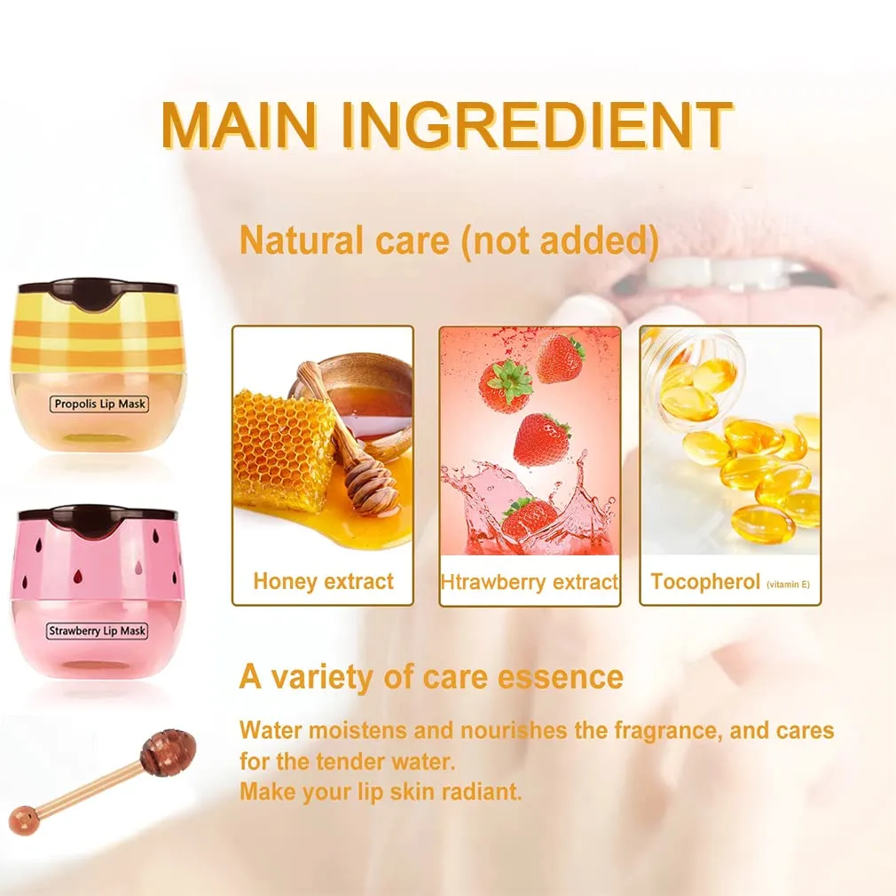 2PCS Bee Lip Balm Honey Pot & Strawberry Vitamin E Lip Sleep Masks Hydrating Prevention Dry and Cracked Lip Scrubs Exfoliator, Reduces Lip Lines，Lip Exfoliating Balm Sleeping Lip Mask