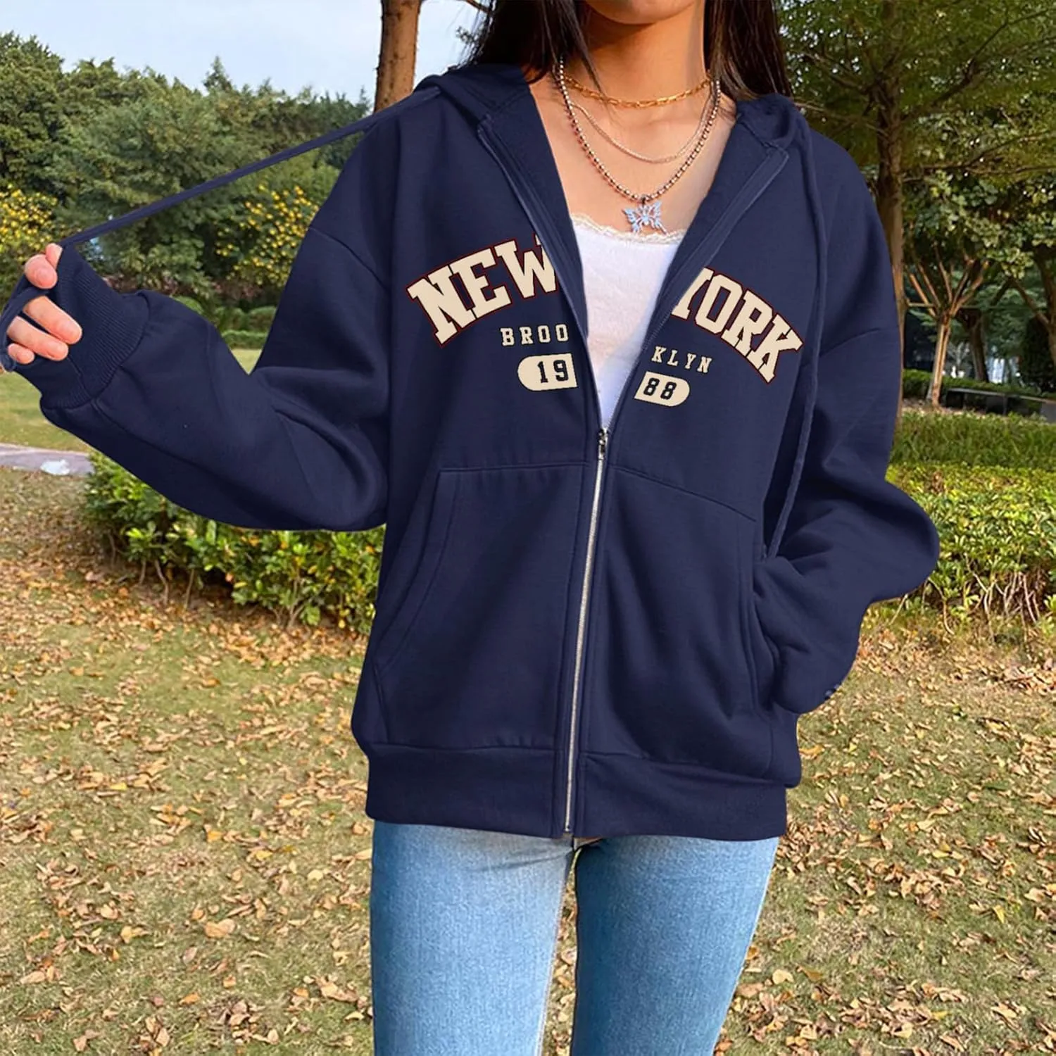 New York Graphic Zip Up Hoodies for Women Full Zip Hoodie Letter Jackets College Zipper Sweatshirts with Pockets