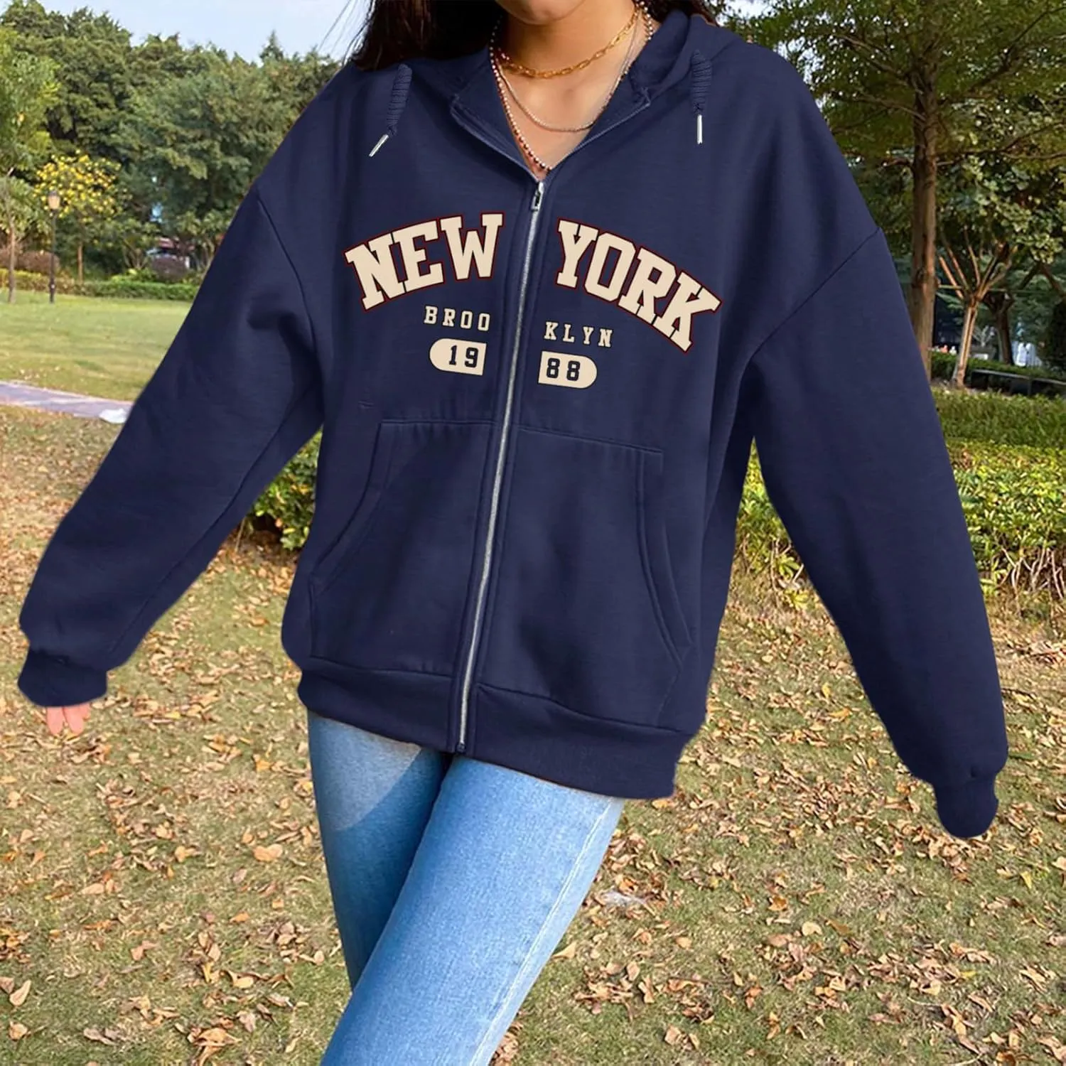 New York Graphic Zip Up Hoodies for Women Full Zip Hoodie Letter Jackets College Zipper Sweatshirts with Pockets