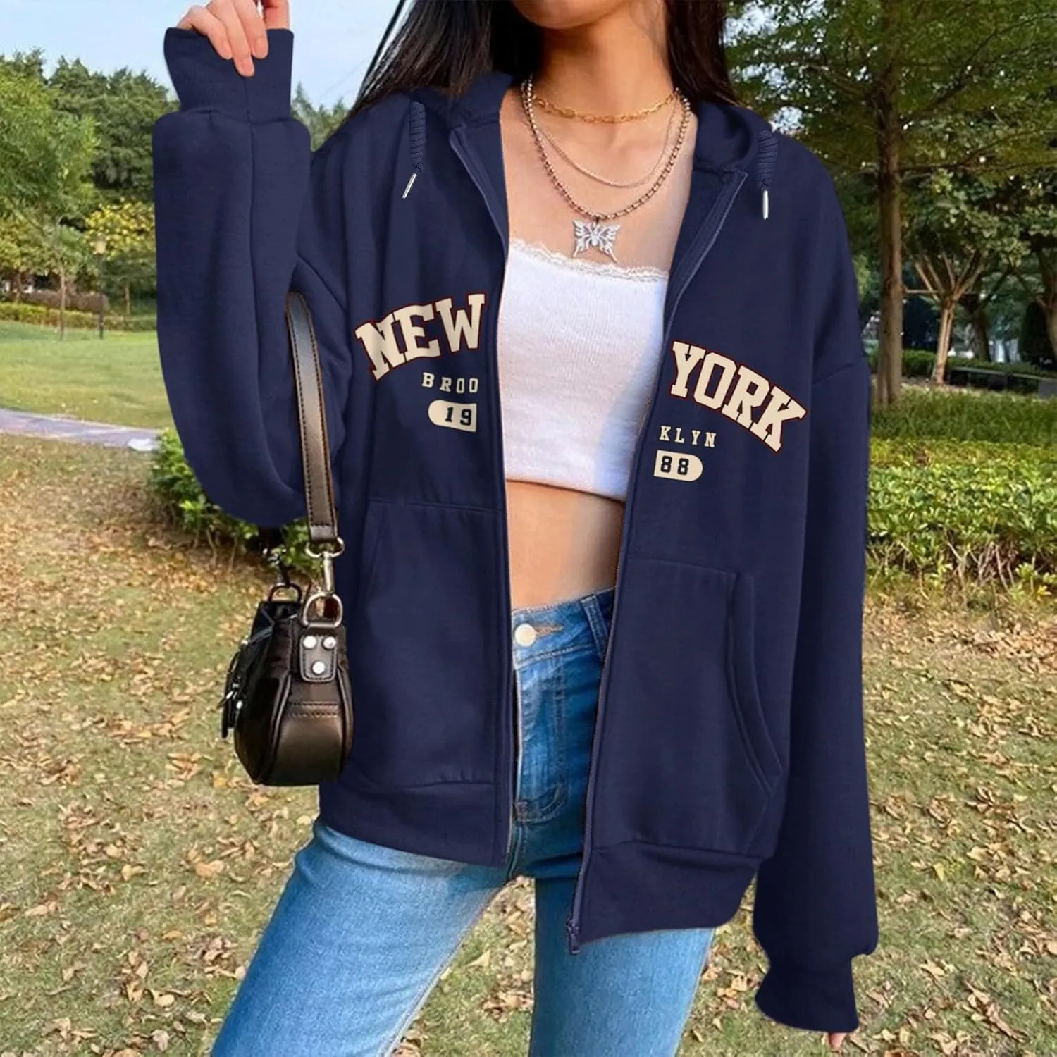 New York Graphic Zip Up Hoodies for Women Full Zip Hoodie Letter Jackets College Zipper Sweatshirts with Pockets