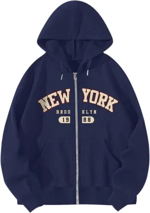 New York Graphic Zip Up Hoodies for Women Full Zip Hoodie Letter Jackets College Zipper Sweatshirts with Pockets