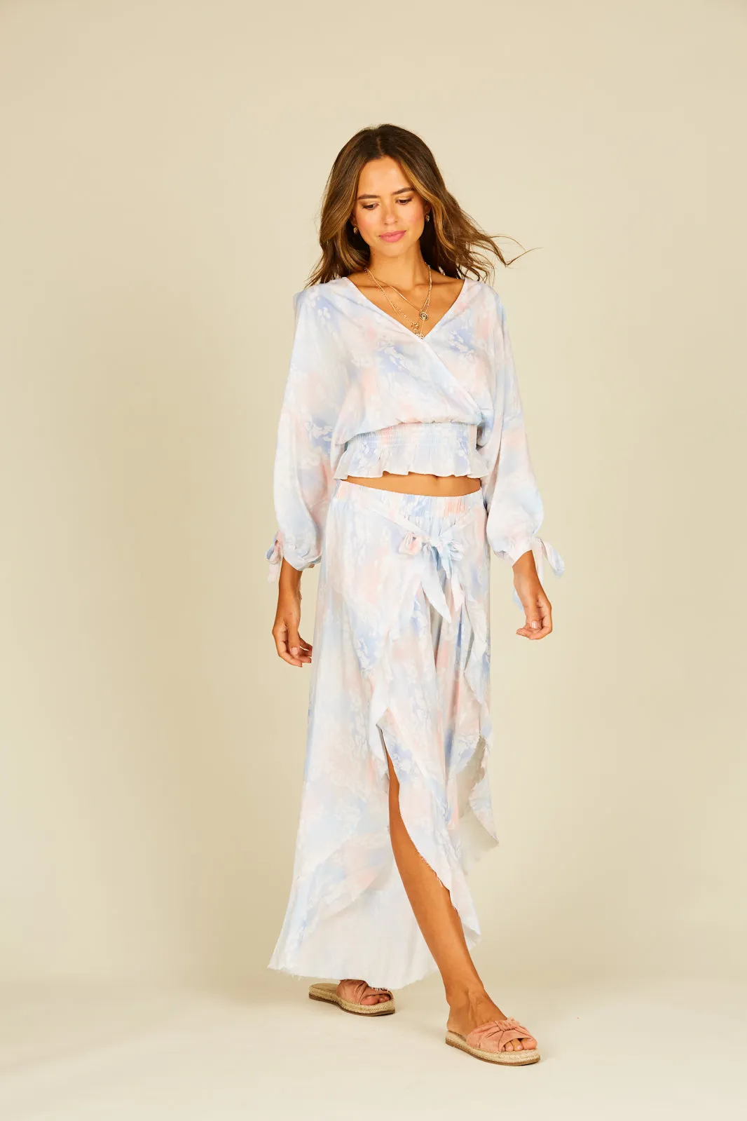 Ocean Drive Tie Dye Cold Shoulder Faux Wrap Smocked Top
